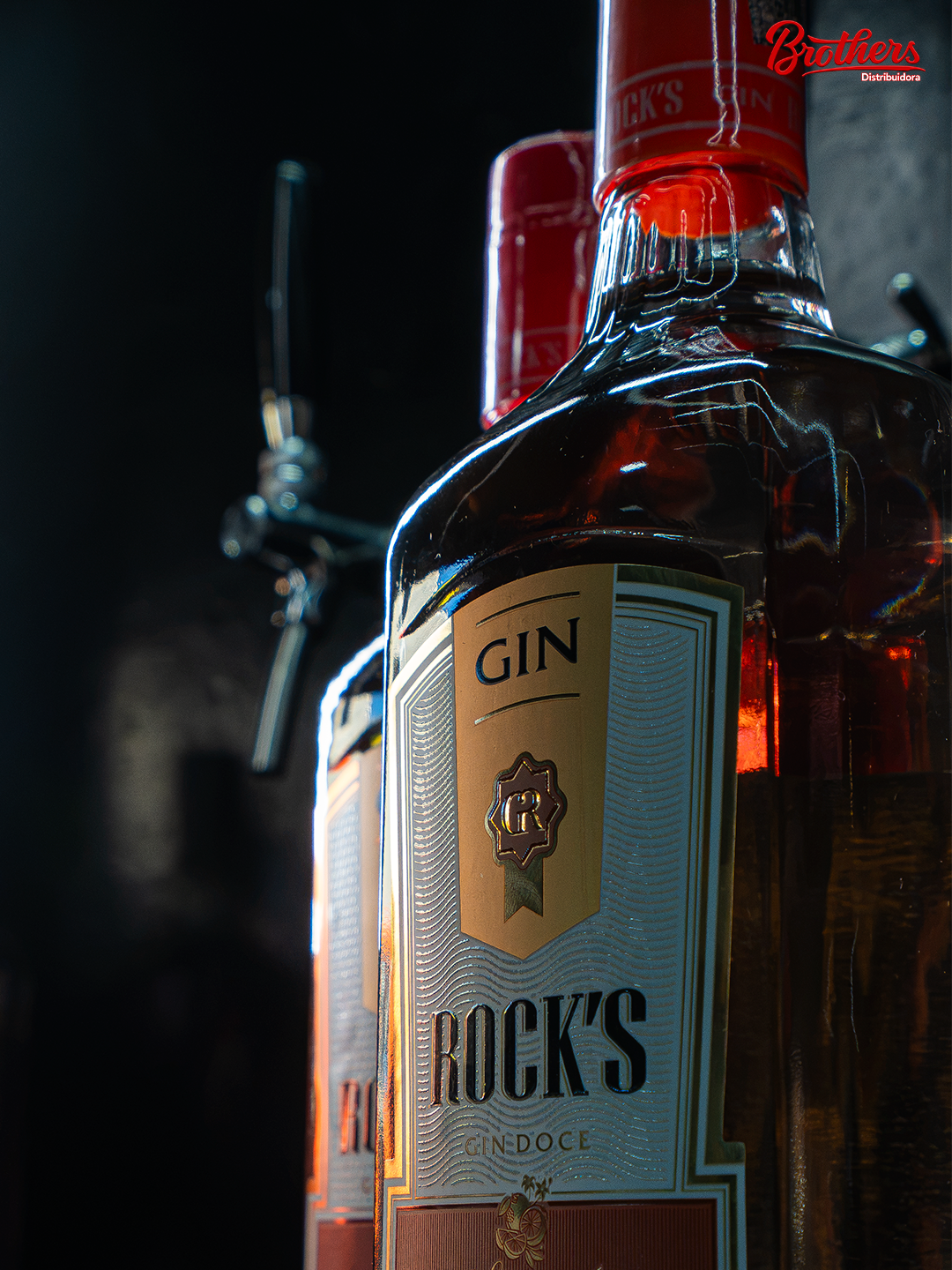 Garrafa de gin em fotografia escura da Brothers Distribuidora.